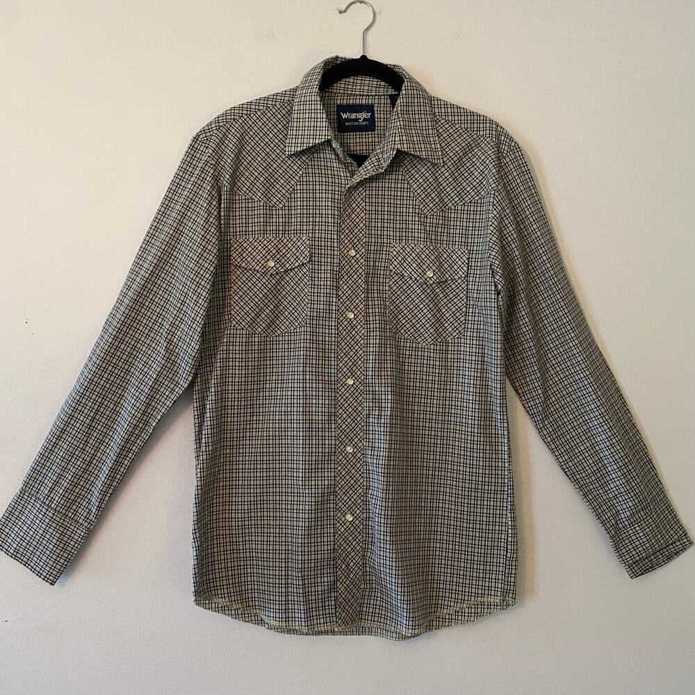 Wrangler Western Blue Brown Plaid Pearl Snap Button Down Shirt 90s Men's Small